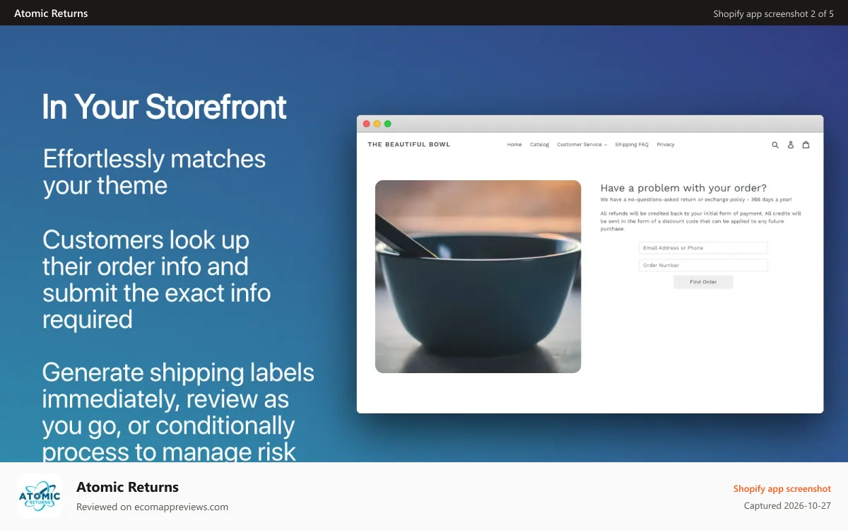 Atomic Returns Shopify app screenshot: Your theme and storefront