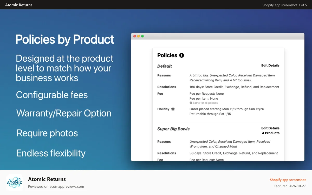 Atomic Returns Shopify app screenshot: Endless flexibility for precision control