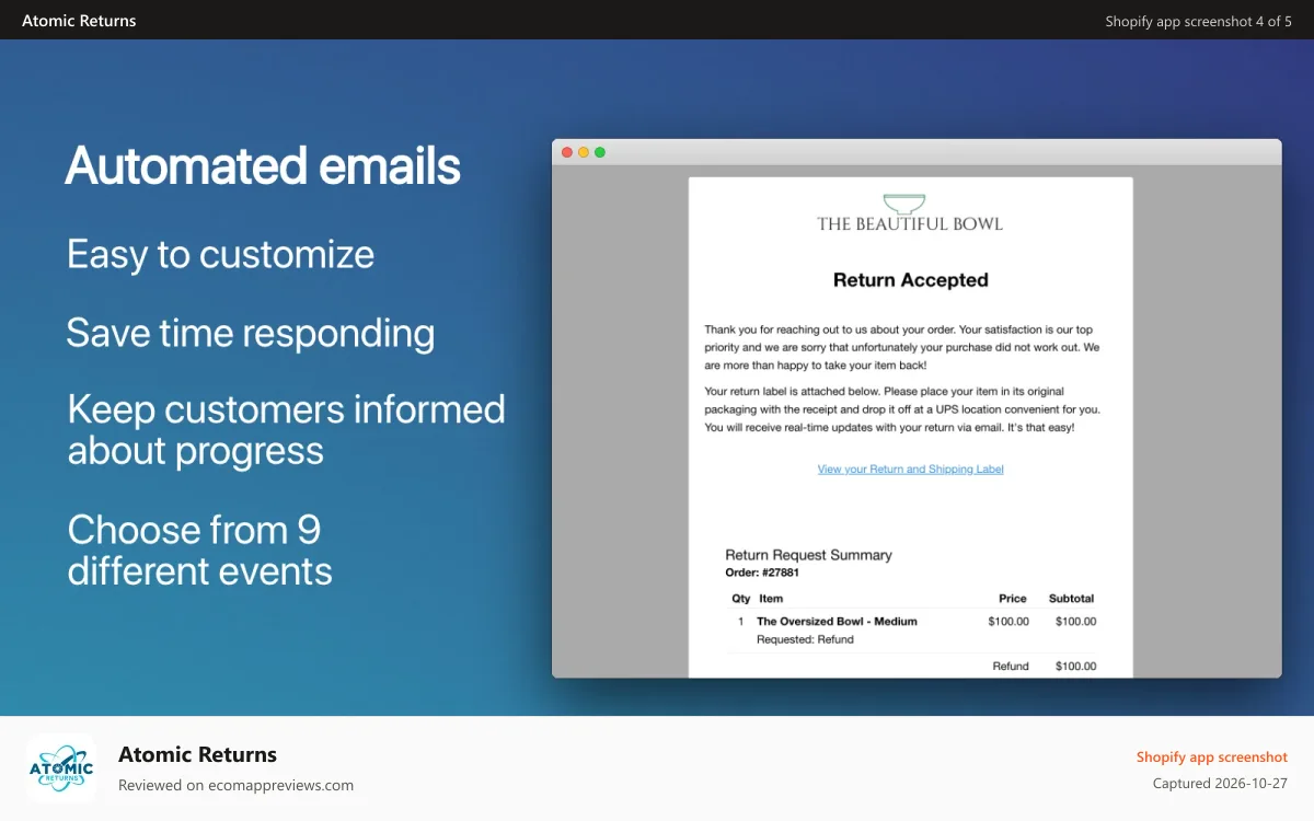 Atomic Returns Shopify app screenshot: Automatic emails to save time