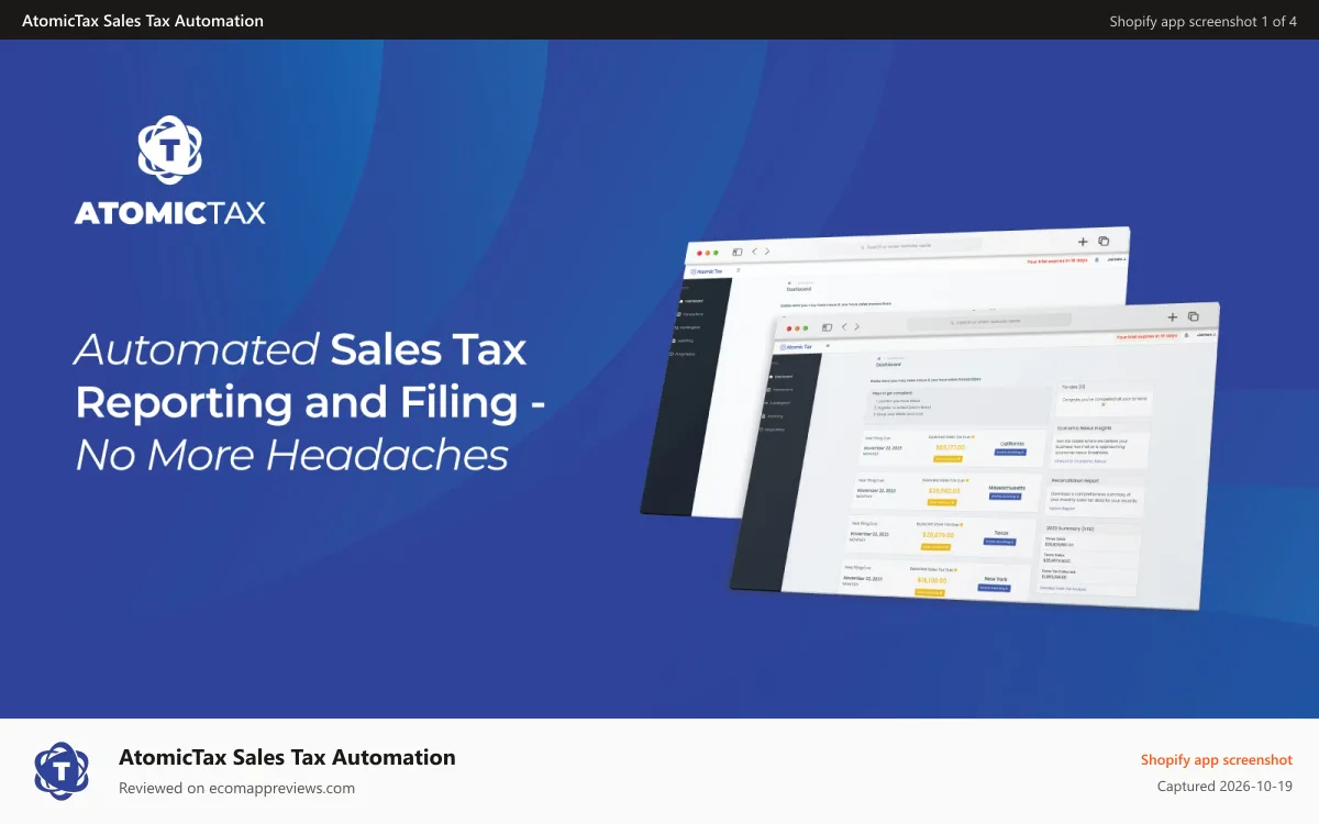 AtomicTax Sales Tax Automation Shopify app screenshot: AtomicTax Sales Reporting and Filing