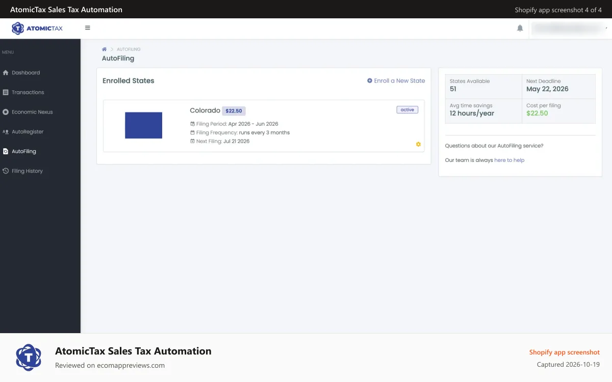 AtomicTax Sales Tax Automation Shopify app screenshot: AutoFiling: Manage enrolled states and upcoming filing deadlines
