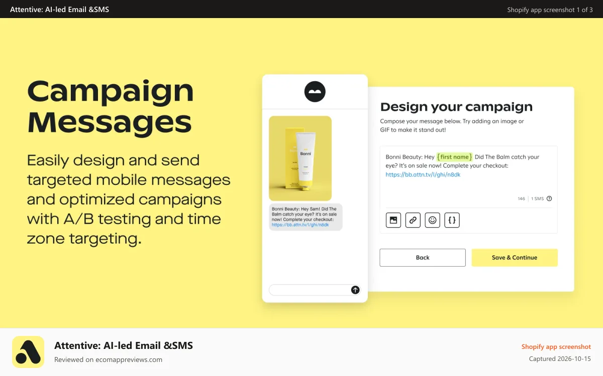 Attentive: AI‑led Email &SMS Shopify app screenshot: Campaign Messages