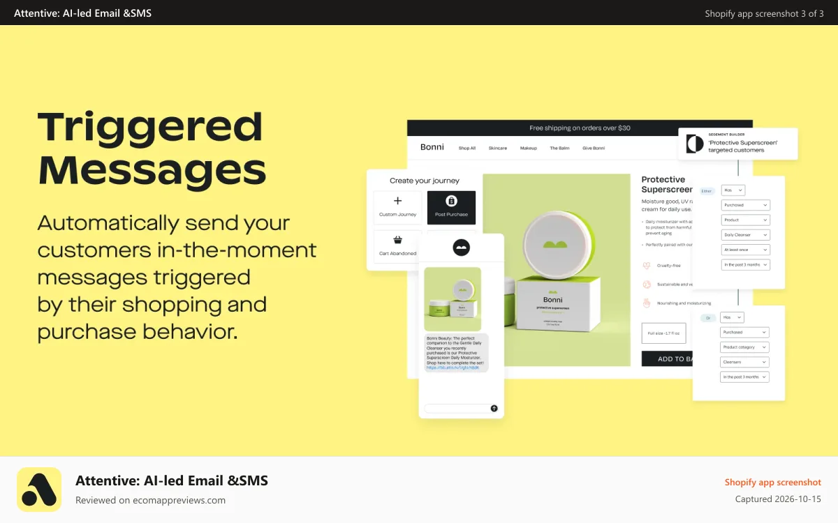 Attentive: AI‑led Email &SMS Shopify app screenshot: Triggered Messages