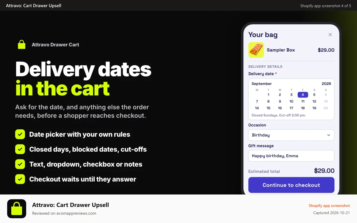 Attravo: Cart Drawer Upsell Shopify app screenshot: Delivery dates and scheduling in the cart