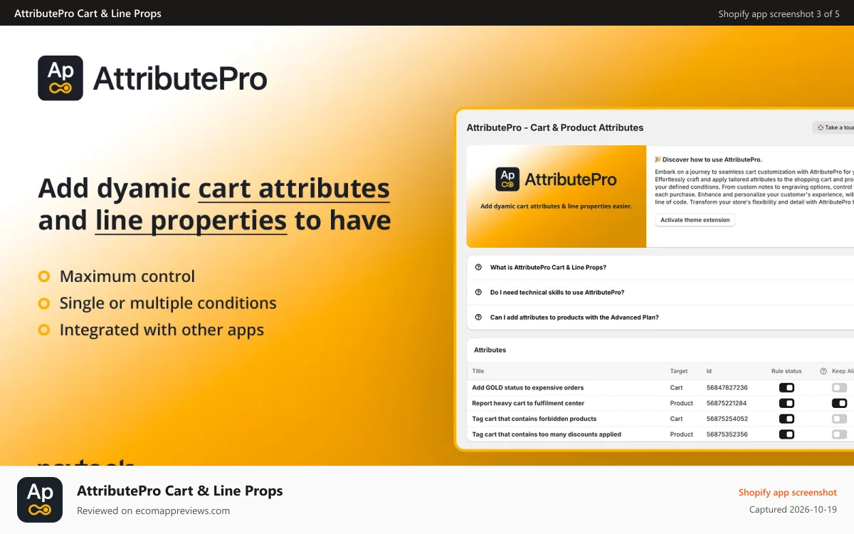 AttributePro Cart & Line Props Shopify app screenshot: Add dynamic cart attributes & line properties