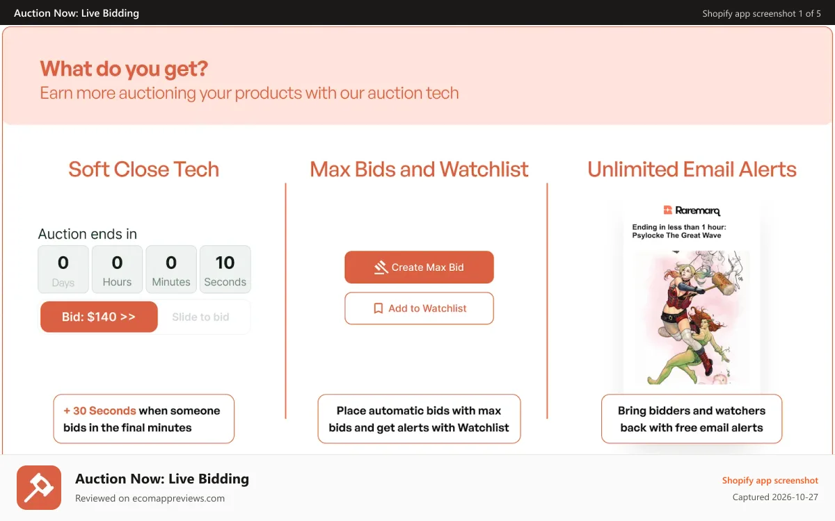 Auction Now: Live Bidding Shopify app screenshot: What's Included In Auction Now by Raremarq