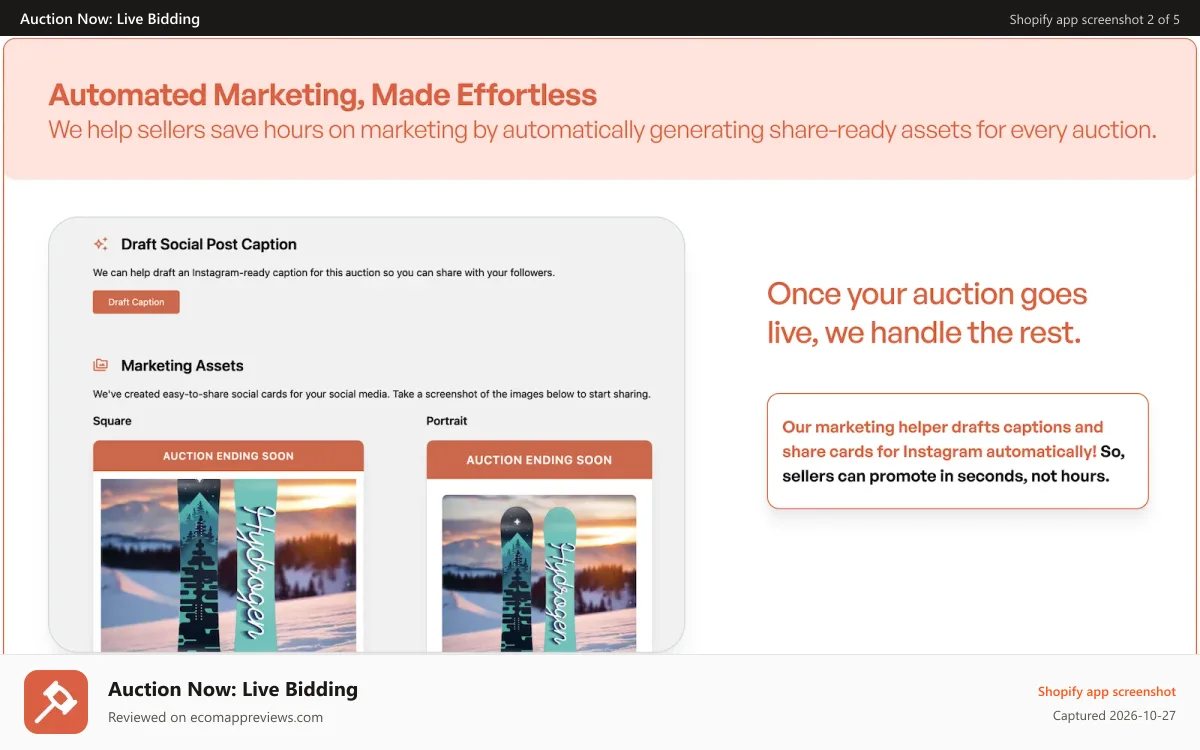 Auction Now: Live Bidding Shopify app screenshot: Auto generated marketing assets for every auction