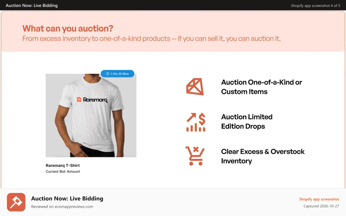 Auction Now: Live Bidding Shopify app screenshot: What Can You Auction With Auction Now by Raremarq
