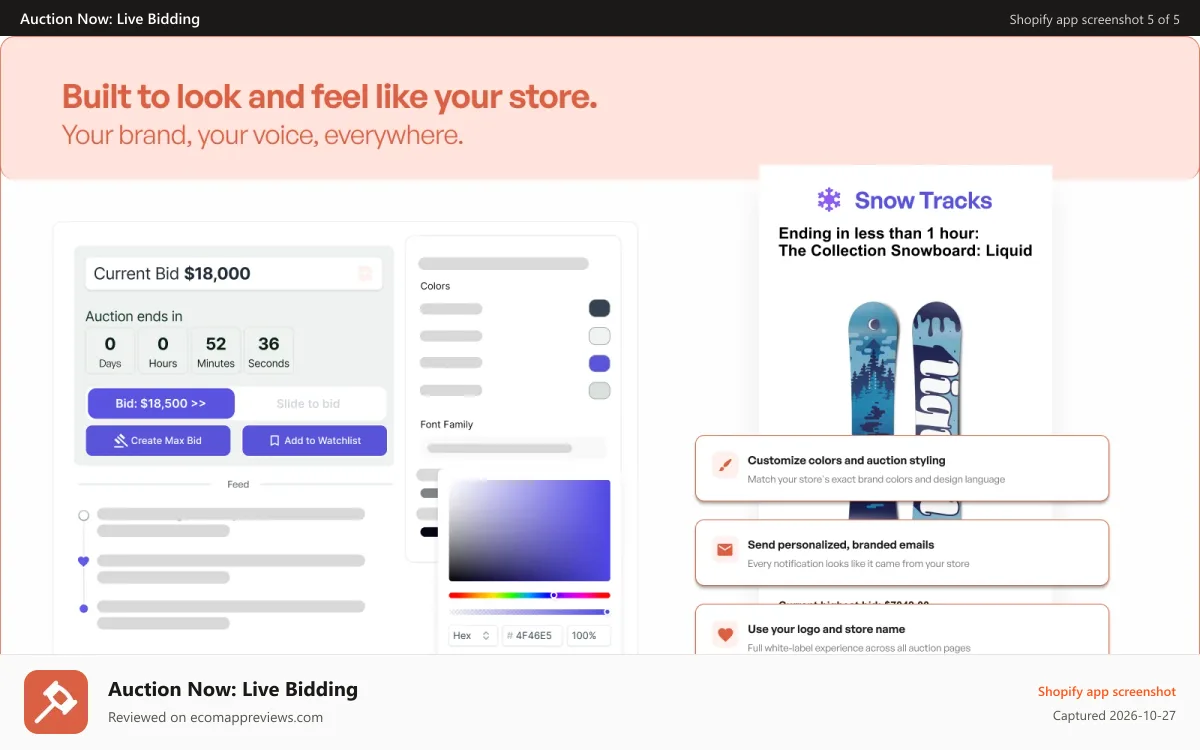 Auction Now: Live Bidding Shopify app screenshot: Personalize Your Auctions With Auction Now