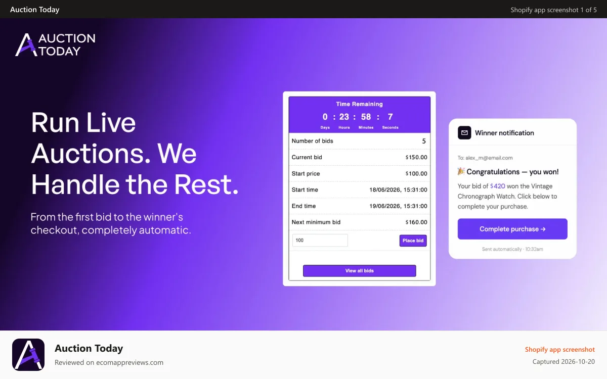 Auction Today Shopify app screenshot: Run live product auctions with real-time customer bidding