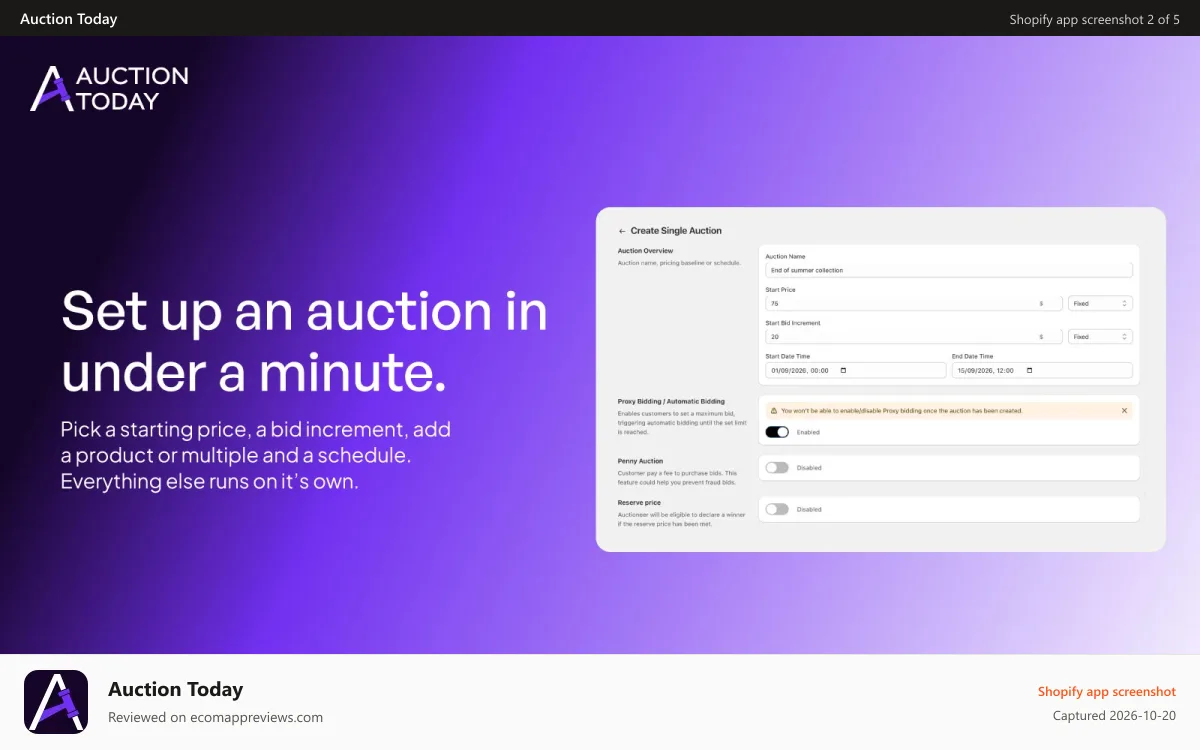 Auction Today Shopify app screenshot: Create Shopify product auctions in under a minute