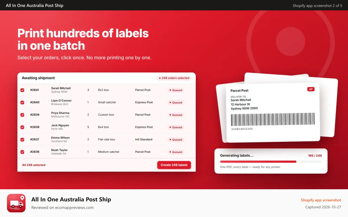 All In One Australia Post Ship Shopify app screenshot: Australia Post