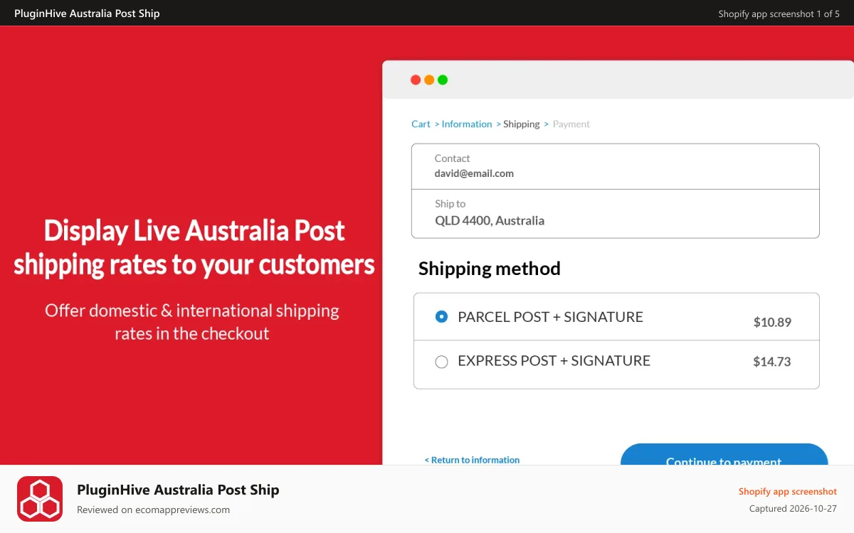 PluginHive Australia Post Ship Shopify app screenshot: Display Live Australia Post Rates on the Checkout page