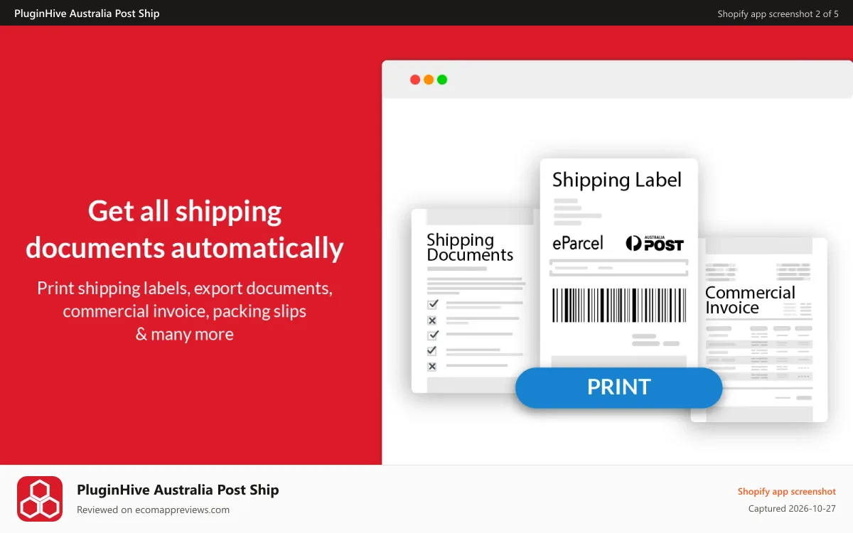 PluginHive Australia Post Ship Shopify app screenshot: Print Shipping Documents in one click