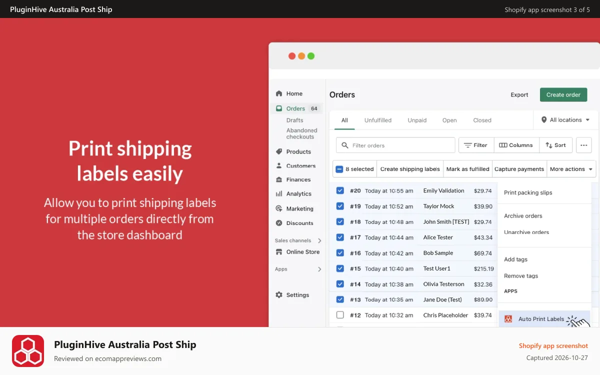 PluginHive Australia Post Ship Shopify app screenshot: Automatically Print Shipping Labels from the Shopify order page