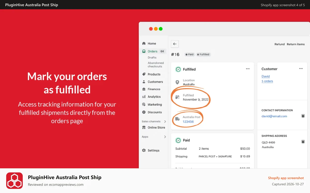 PluginHive Australia Post Ship Shopify app screenshot: Mark orders as fulfilled with Australia Post tracking details.