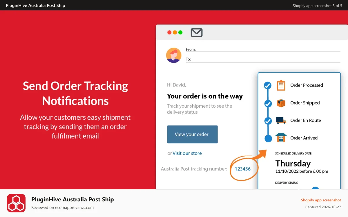 PluginHive Australia Post Ship Shopify app screenshot: Send Australia Post tracking details with order completion email