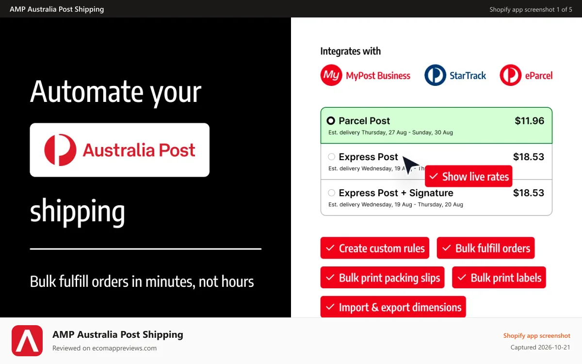 AMP Australia Post Shipping Shopify app screenshot: AMP: Australia Post Shipping