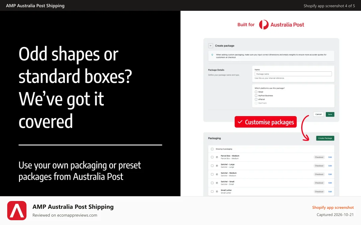 AMP Australia Post Shipping Shopify app screenshot: Australia Post order fulfilment & shipping labels.