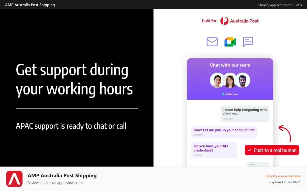 AMP Australia Post Shipping Shopify app screenshot: APAC support