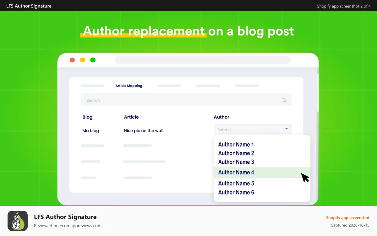 LFS Author Signature Shopify app screenshot: Add unlimited replacement authors