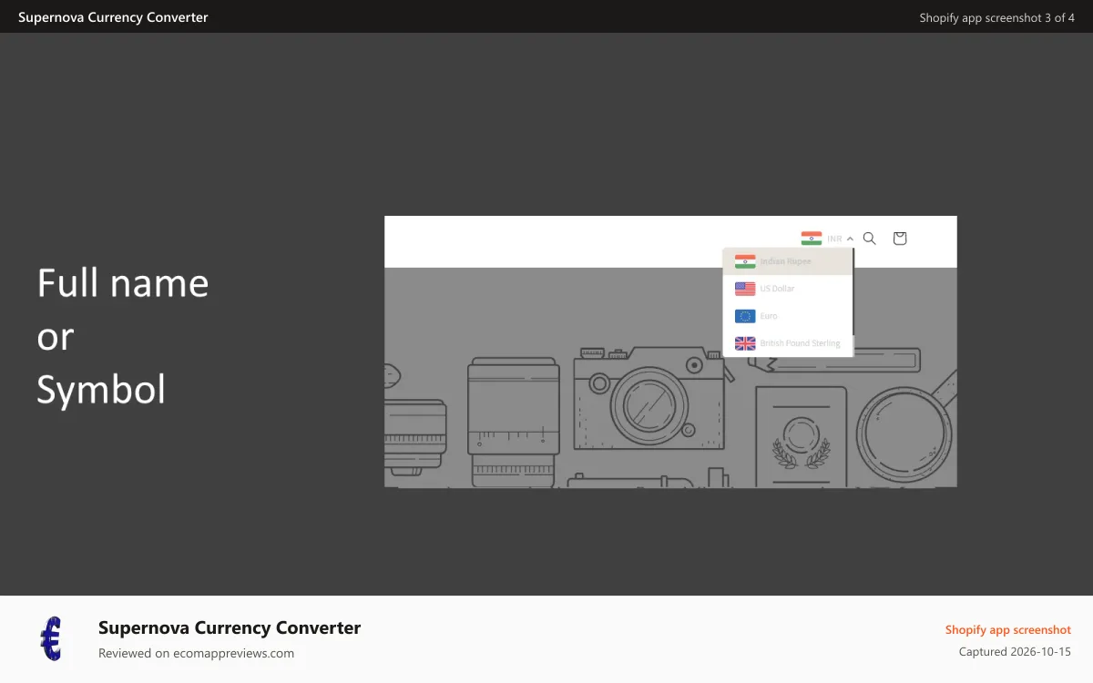 Supernova Currency Converter Shopify app screenshot: Store front view