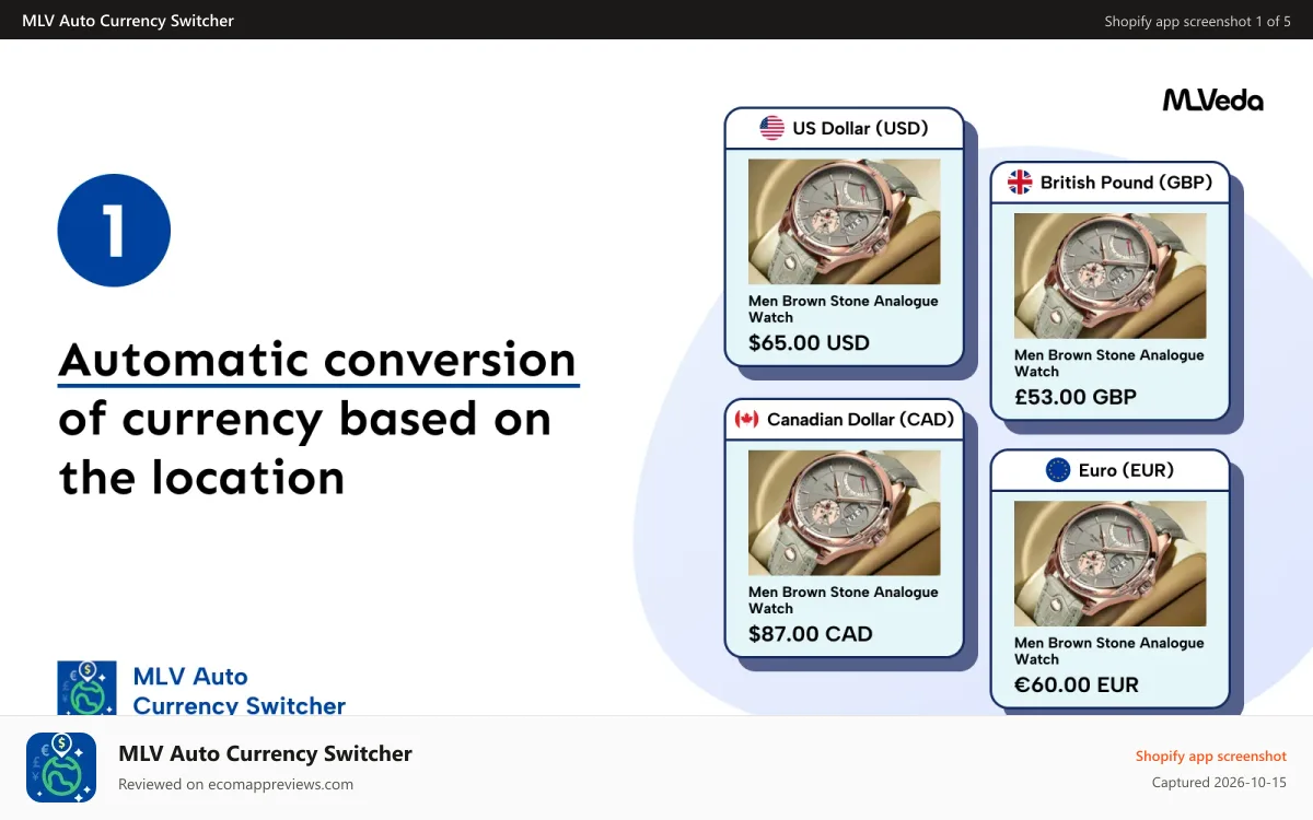MLV Auto Currency Switcher Shopify app screenshot: Automatic money conversion based on the location