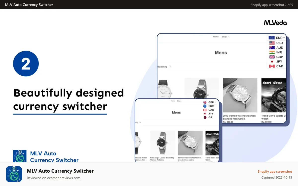 MLV Auto Currency Switcher Shopify app screenshot: Beautifully designed currency switcher