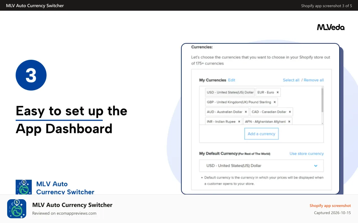 MLV Auto Currency Switcher Shopify app screenshot: Easy to setup and easy to use App Dashboard