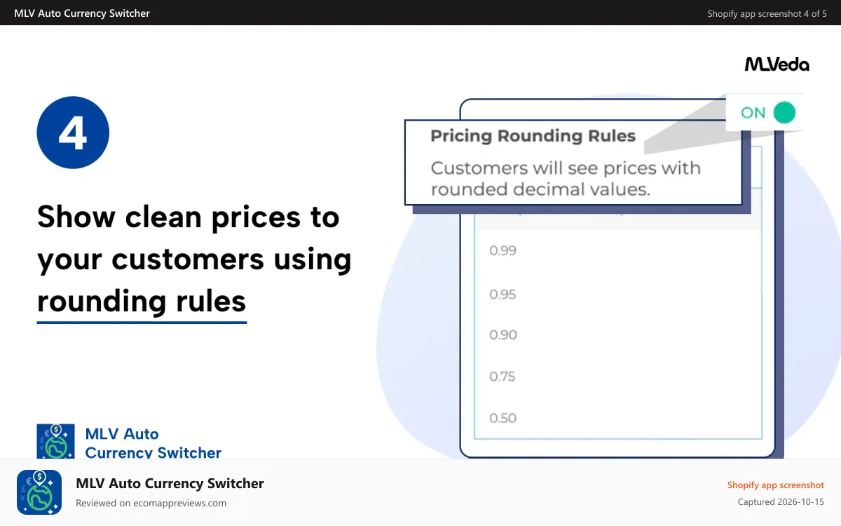MLV Auto Currency Switcher Shopify app screenshot: Show clean prices to your customers using rounding rules