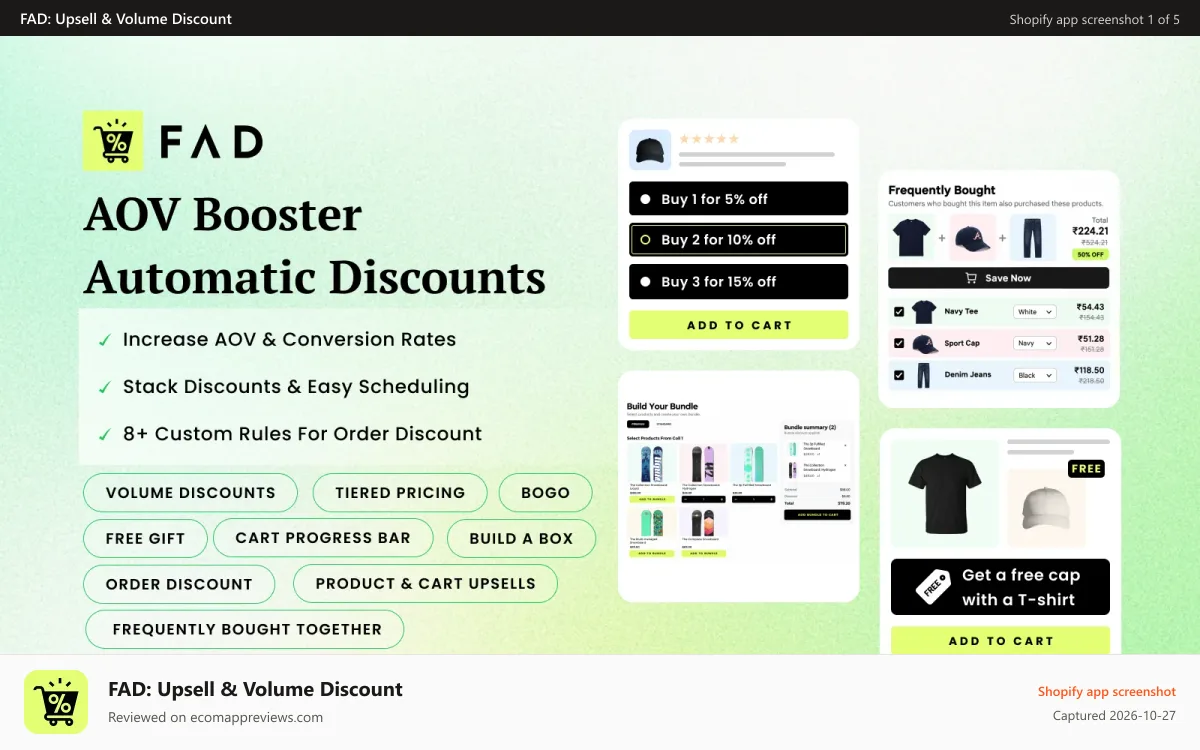 FAD: Upsell & Volume Discount Shopify app screenshot: Different types of offers in a single place to manage discount.