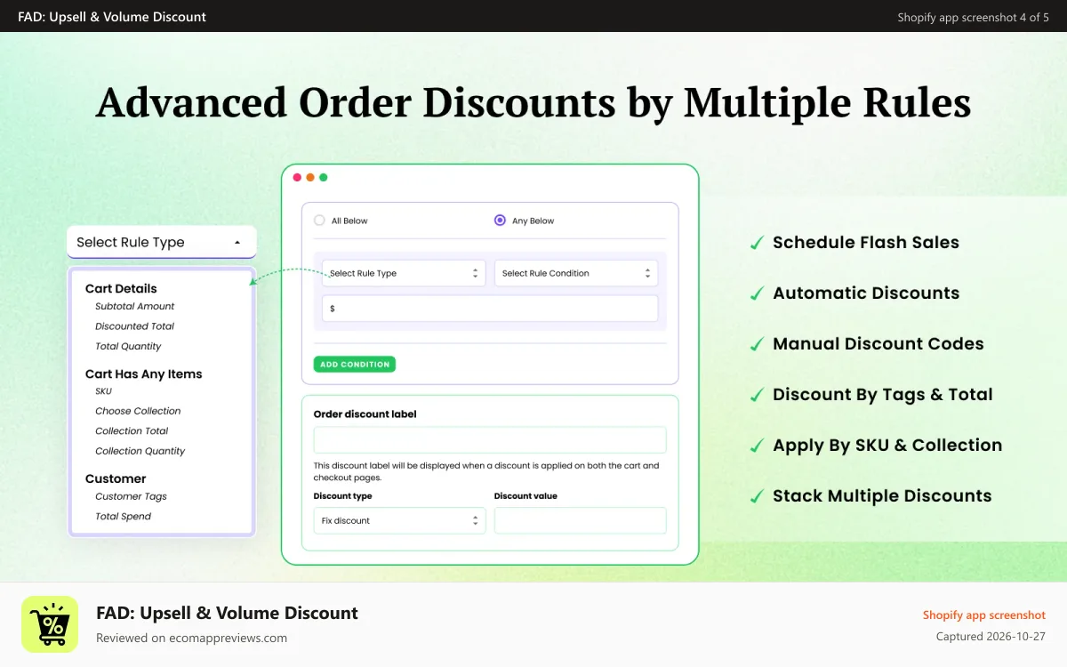 FAD: Upsell & Volume Discount Shopify app screenshot: Create a Bulk discount and display the widget on product page.