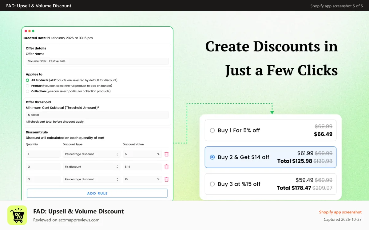 FAD: Upsell & Volume Discount Shopify app screenshot: Create discount codes and combine discount by offer tag.