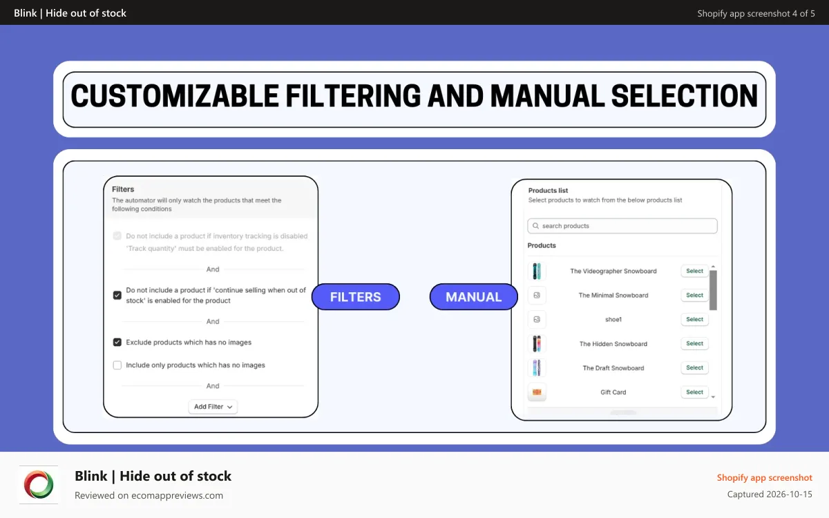 Blink | Hide out of stock Shopify app screenshot: manually select products