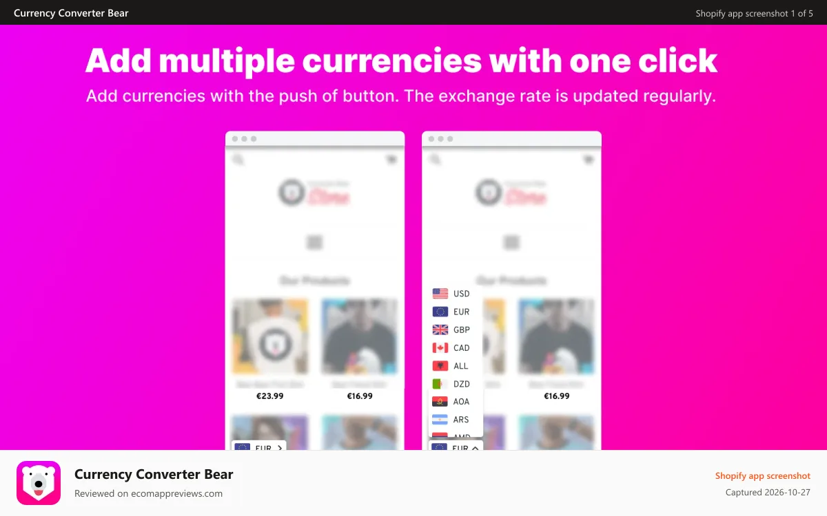 Currency Converter Bear Shopify app screenshot: Shopify Multi Currency Converter, currency switcher