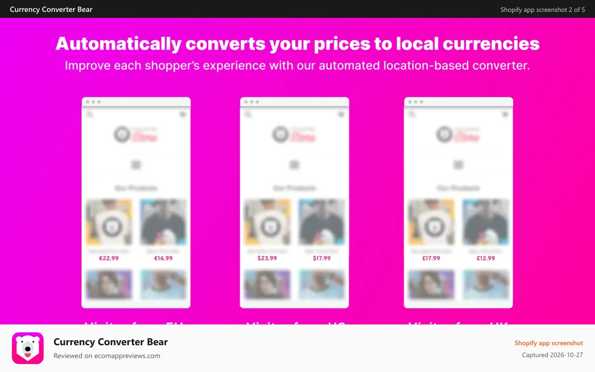 Currency Converter Bear Shopify app screenshot: Shopify currency converter, currency switcher, multi currency