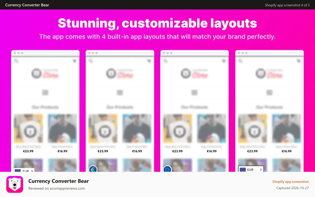 Currency Converter Bear Shopify app screenshot: auto currency converter, auto multi currency, currency
