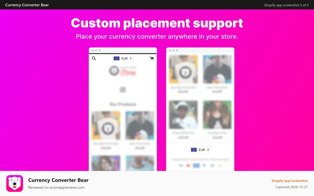 Currency Converter Bear Shopify app screenshot: currency conversion, currency changer, geo location, converter