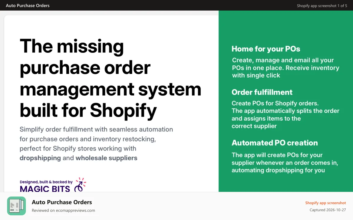 Auto Purchase Orders Shopify app screenshot: The missing purchase order management system for Shopify