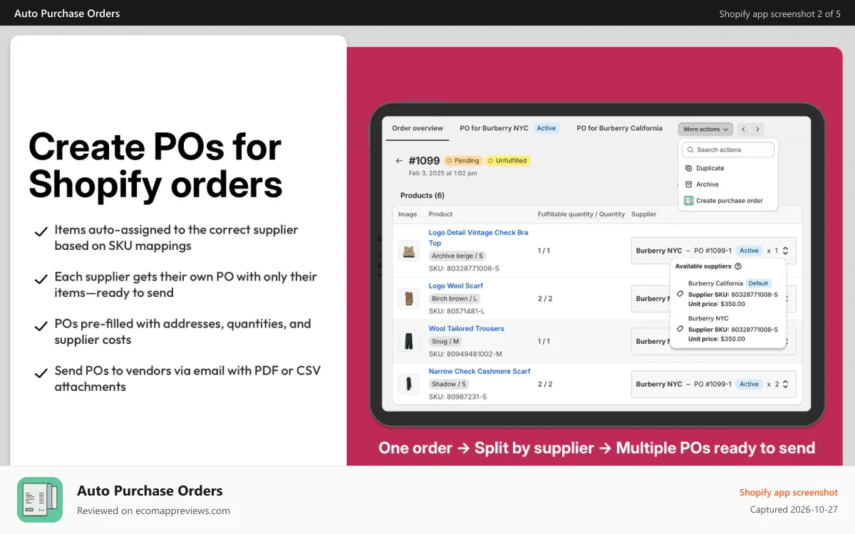Auto Purchase Orders Shopify app screenshot: Create purchase orders for Shopify orders