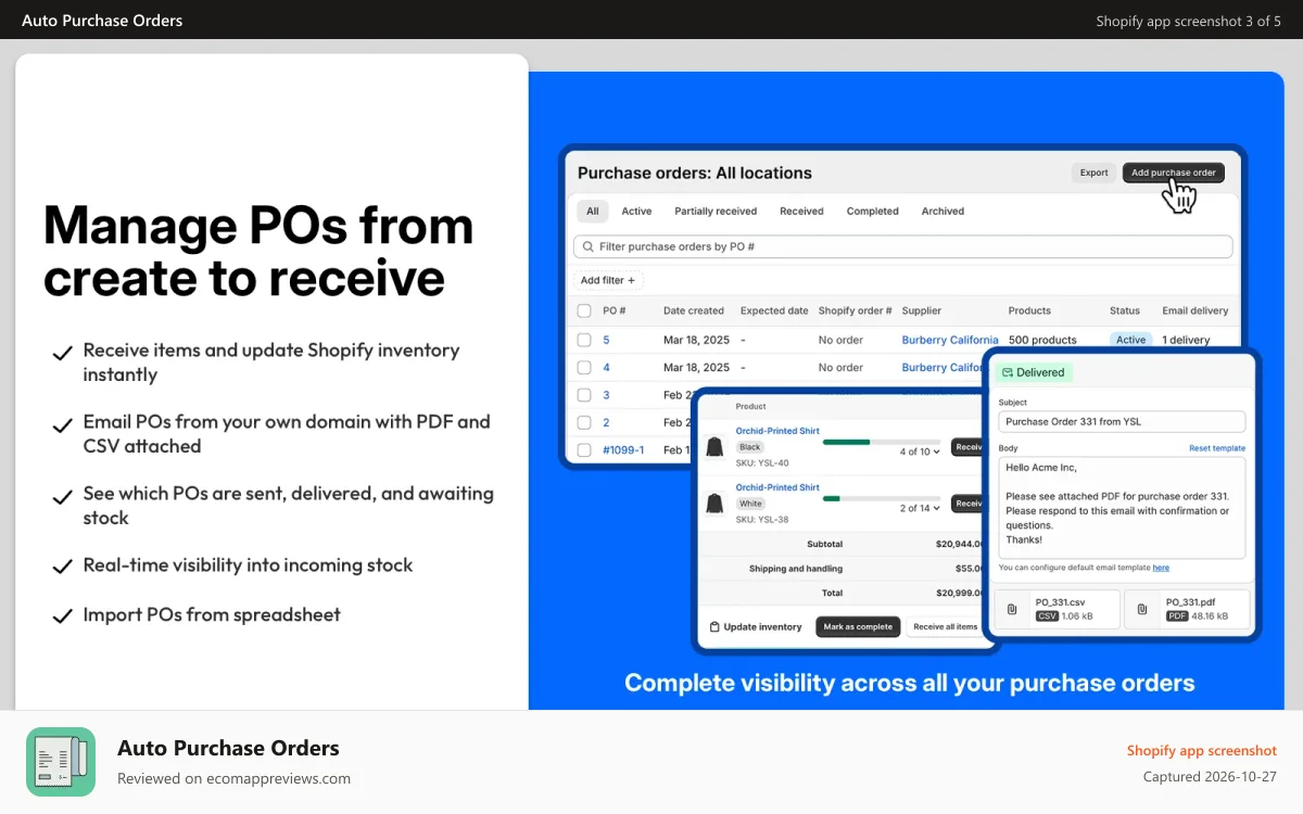 Auto Purchase Orders Shopify app screenshot: Take control of your purchase orders