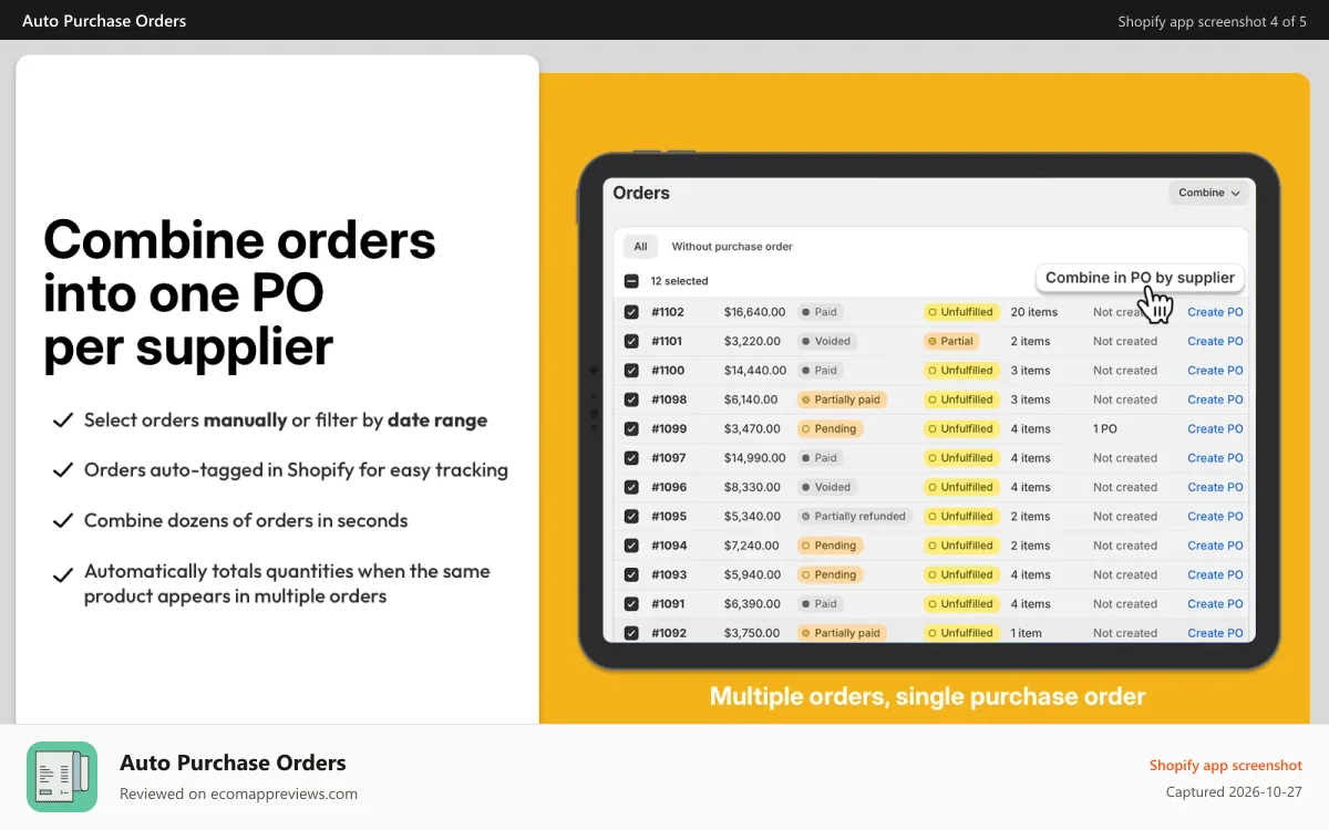 Auto Purchase Orders Shopify app screenshot: Combine Shopify orders into single PO