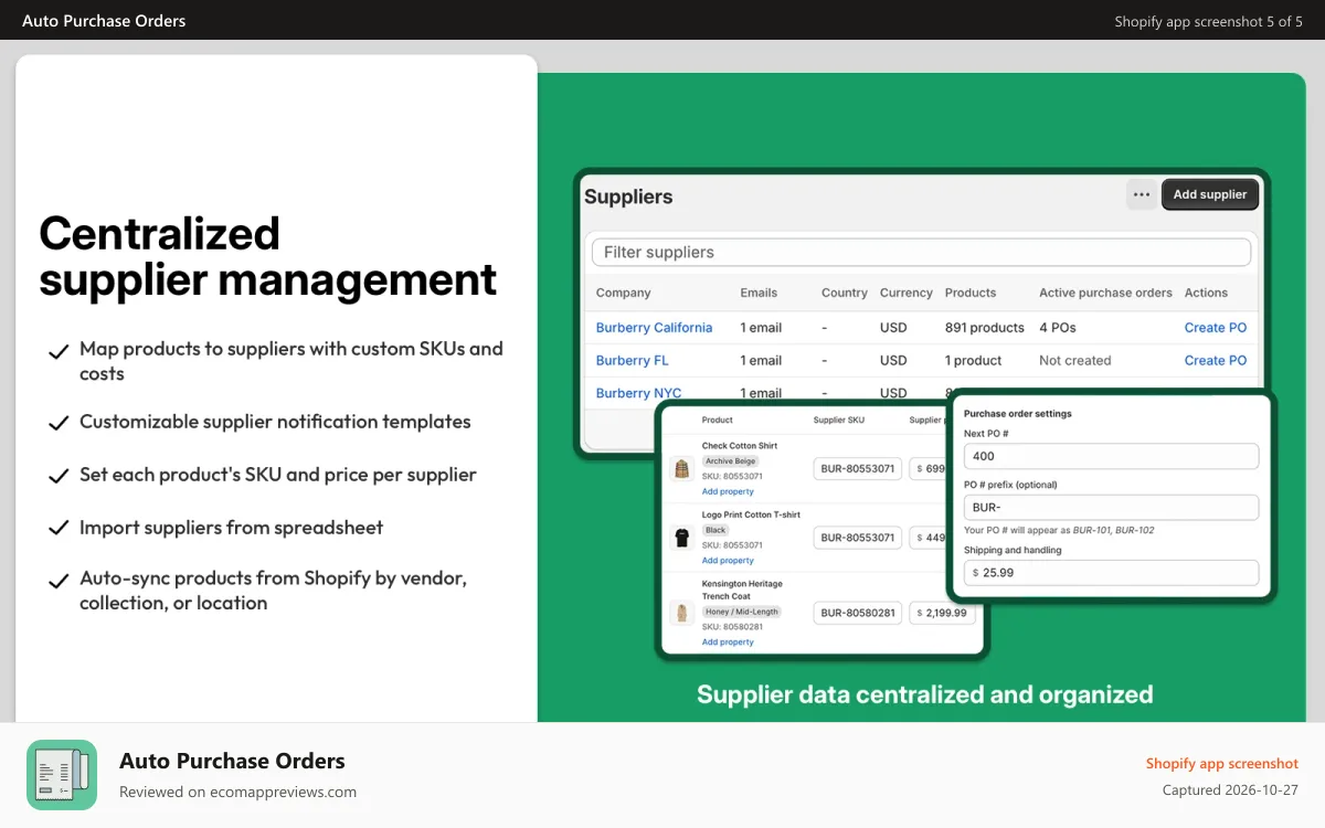 Auto Purchase Orders Shopify app screenshot: Manage all your suppliers in one place