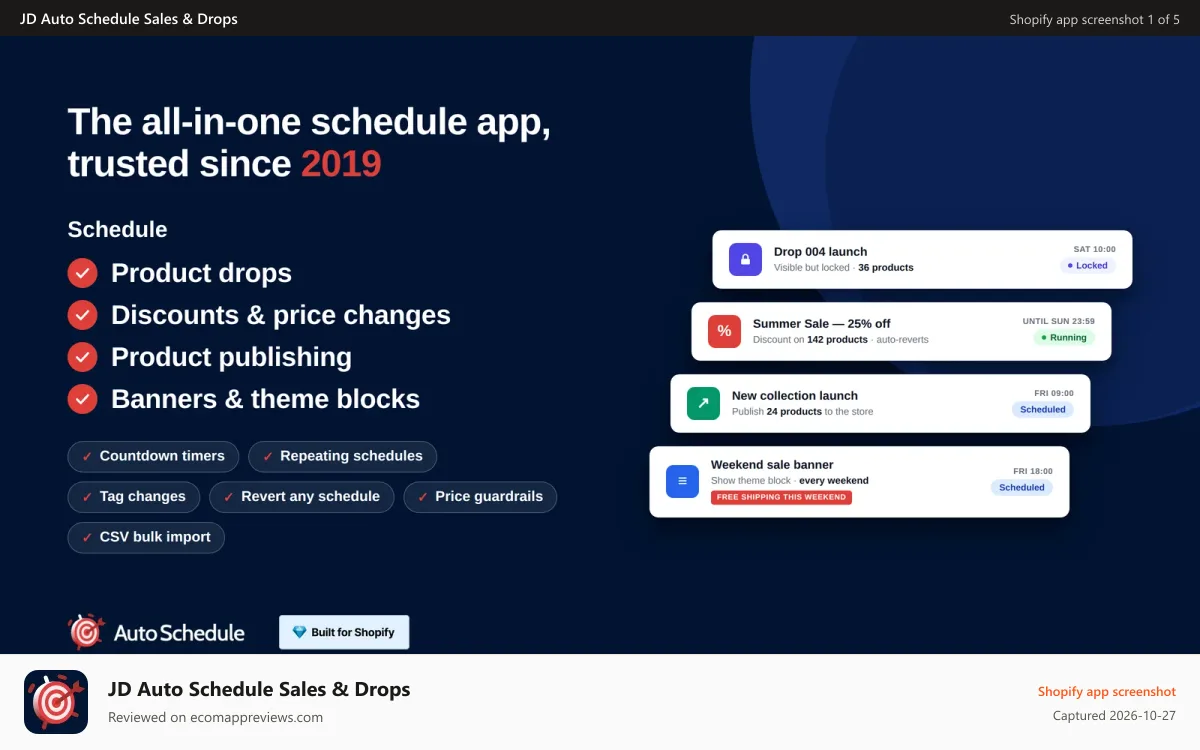 JD Auto Schedule Sales & Drops Shopify app screenshot: All-in-one schedule app for product drops, discounts and banners