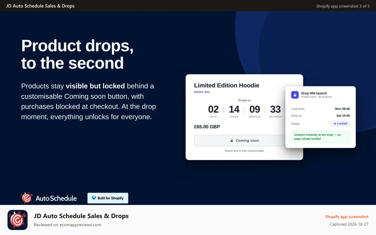JD Auto Schedule Sales & Drops Shopify app screenshot: Locked product showing a Coming soon button until the drop time