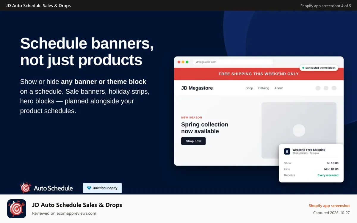 JD Auto Schedule Sales & Drops Shopify app screenshot: Storefront sale banner controlled by recurring weekend schedule
