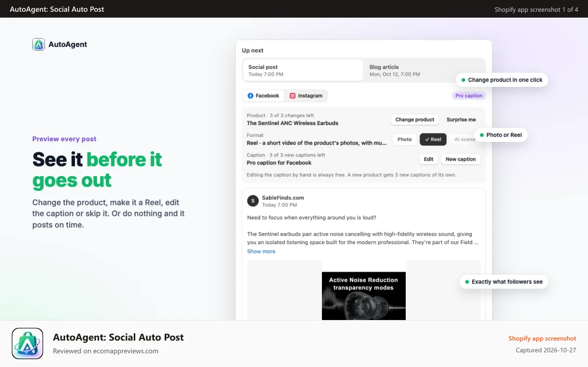 AutoAgent: Social Auto Post Shopify app screenshot: Preview and change every post before it goes out