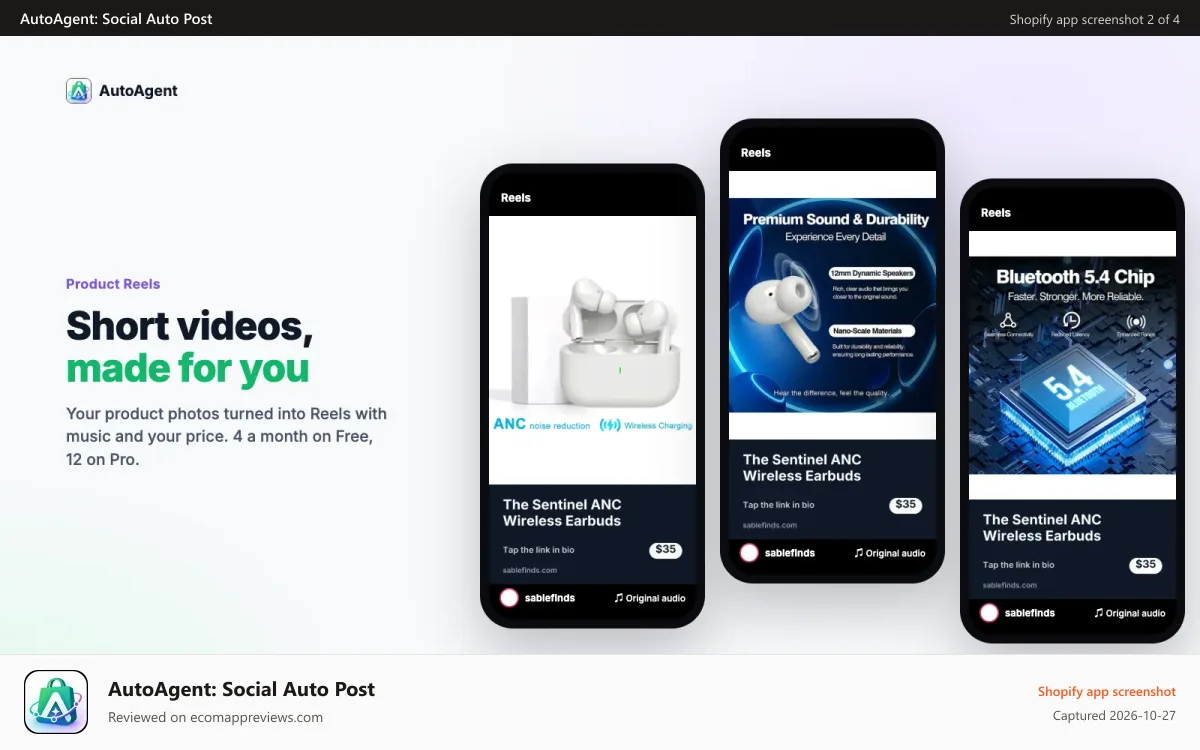 AutoAgent: Social Auto Post Shopify app screenshot: Product Reels made from your product photos, with music
