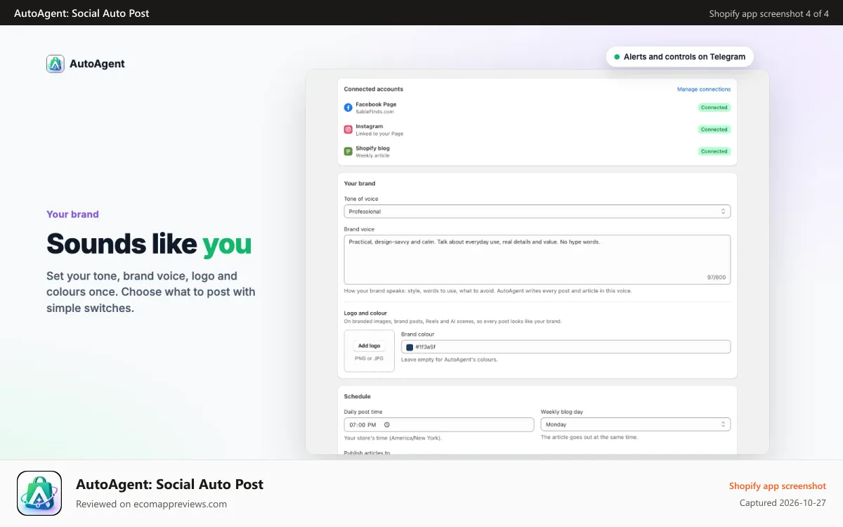 AutoAgent: Social Auto Post Shopify app screenshot: Brand voice, colours and posting schedule settings
