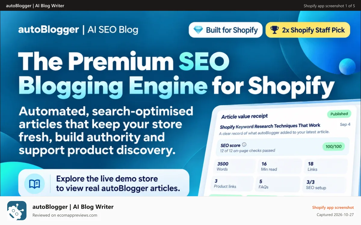 autoBlogger | AI Blog Writer Shopify app screenshot: AI blog writer and auto blog SEO dashboard for Shopify